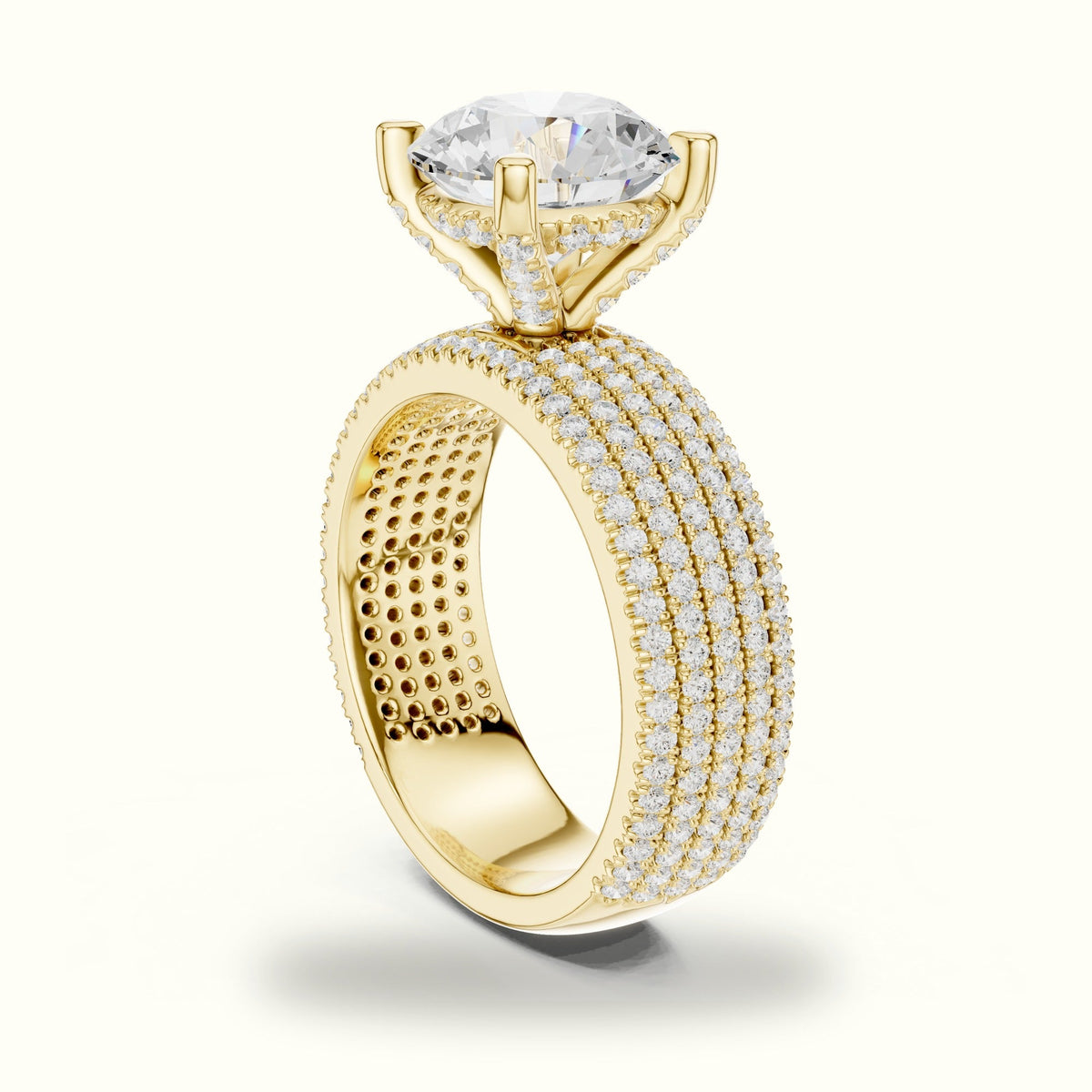Round Wide Band Pavé Engagement Ring — Yellow gold, view 1 | Crystal N Cuts