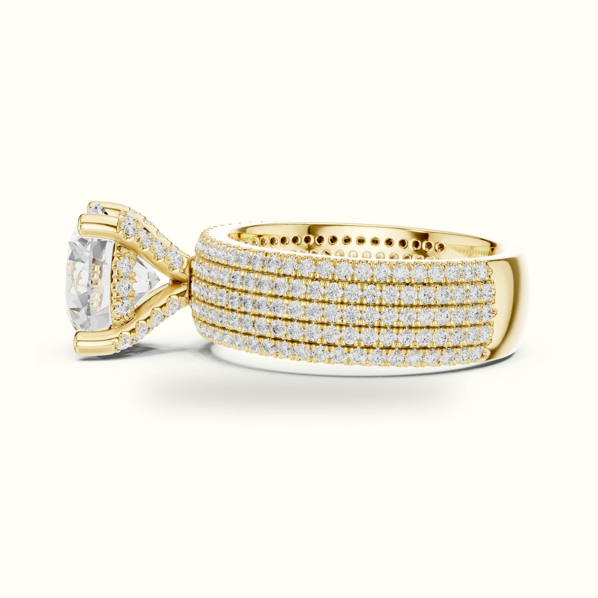 Round Wide Band Pavé Engagement Ring — Yellow gold, view 3 | Crystal N Cuts