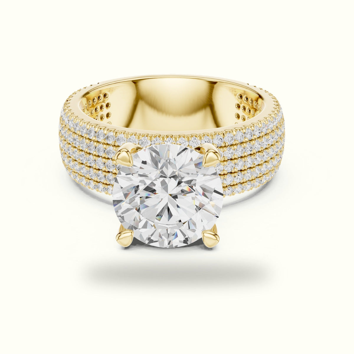 Round Wide Band Pavé Engagement Ring — Yellow gold, front view | Crystal N Cuts