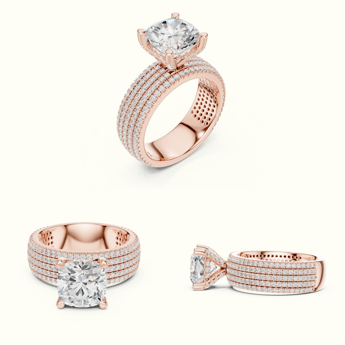Cushion Wide Band Solitaire Engagement Ring — Rose gold, on the hand | Crystal N Cuts
