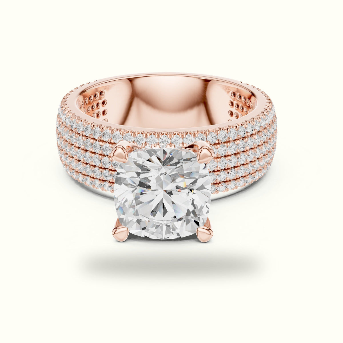 Cushion Wide Band Solitaire Engagement Ring — Rose gold, front view | Crystal N Cuts