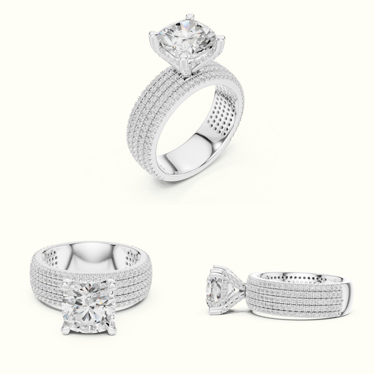 Cushion Wide Band Solitaire Engagement Ring — White gold, on the hand | Crystal N Cuts