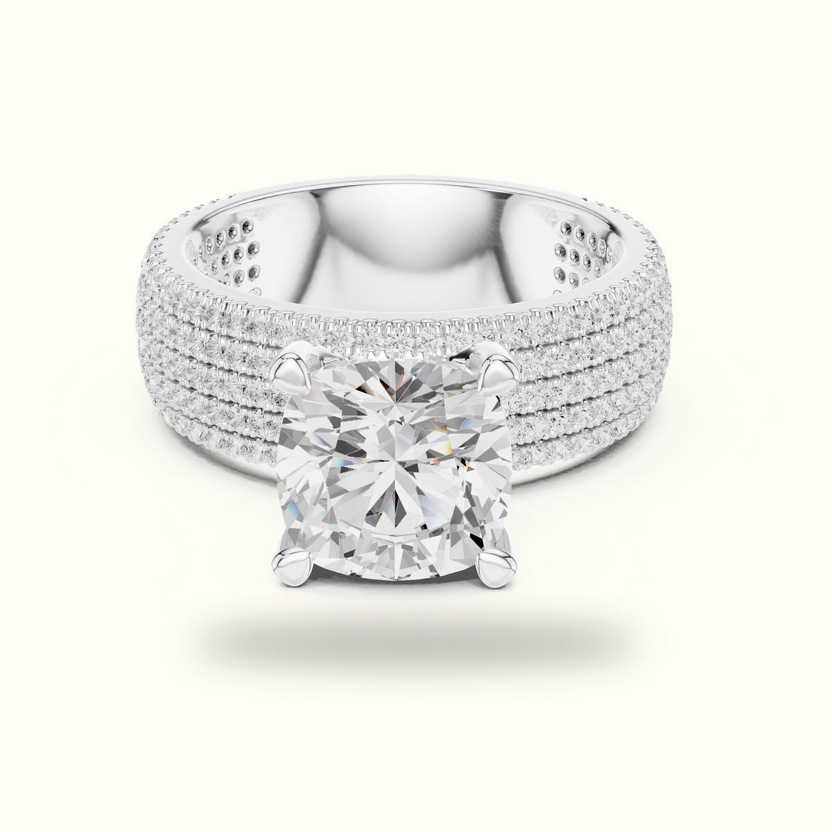 Cushion Wide Band Solitaire Engagement Ring — White gold, front view | Crystal N Cuts