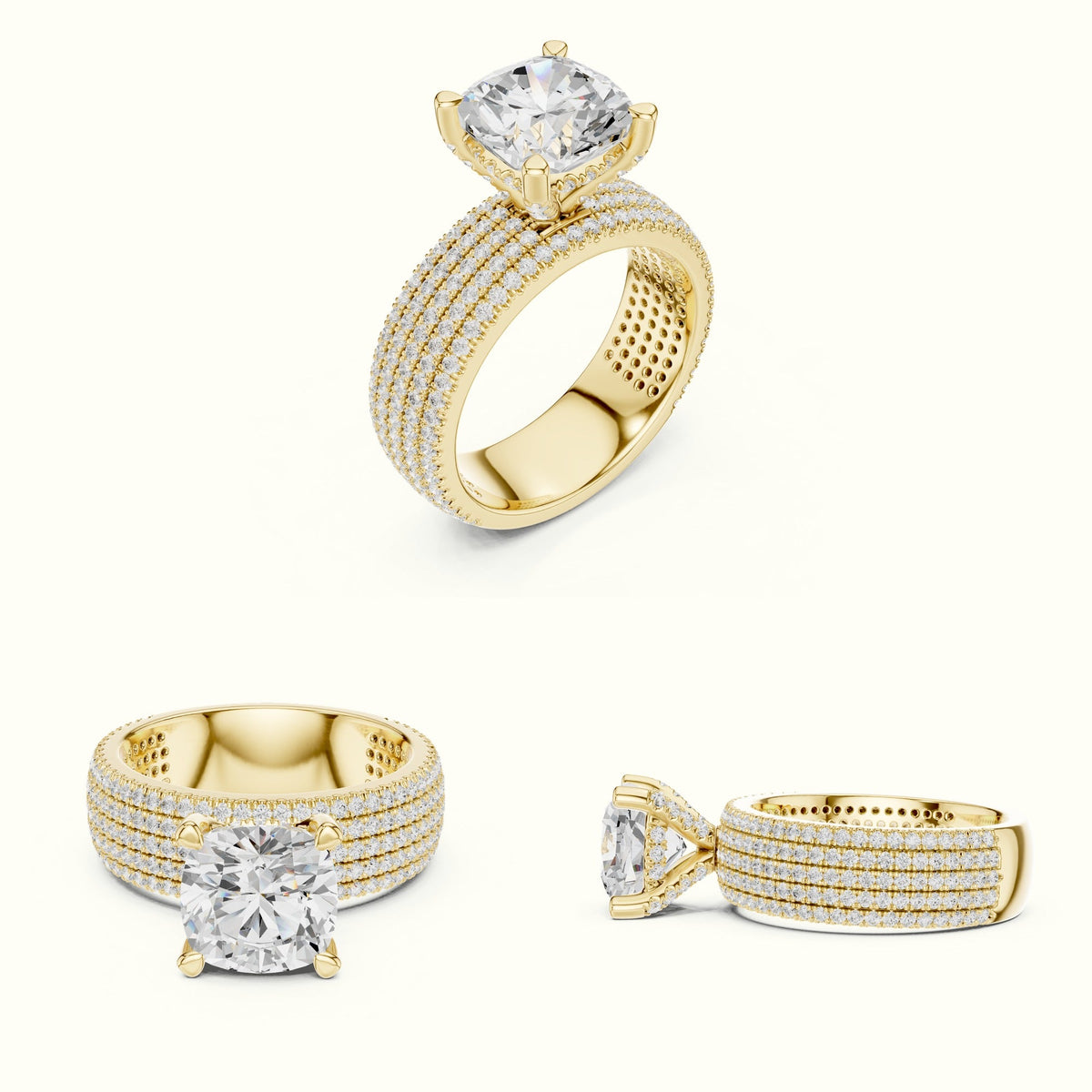 Cushion Wide Band Solitaire Engagement Ring — Yellow gold, on the hand | Crystal N Cuts
