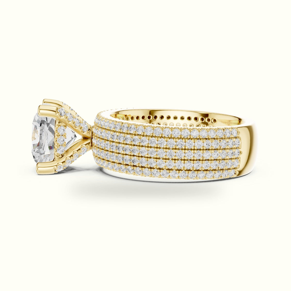 Cushion Wide Band Solitaire Engagement Ring — Yellow gold, view 3 | Crystal N Cuts