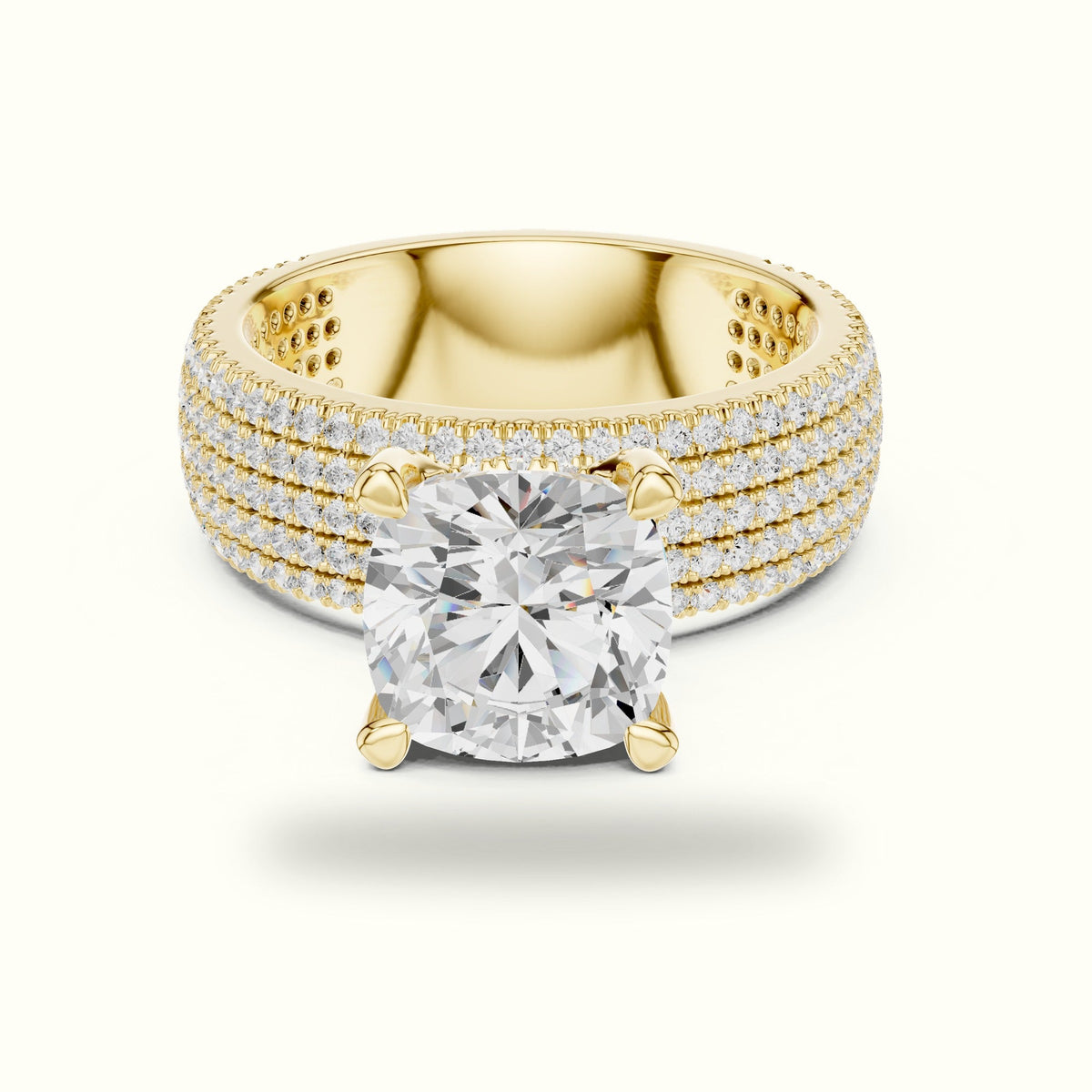 Cushion Wide Band Solitaire Engagement Ring — Yellow gold, front view | Crystal N Cuts