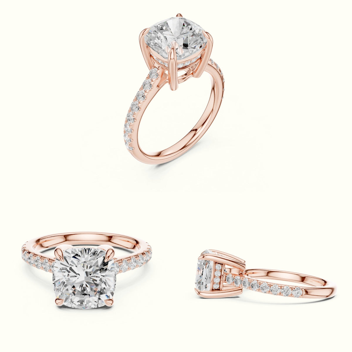 Cushion Hidden Halo Lab-Grown Diamond Ring — Rose gold, on the hand | Crystal N Cuts