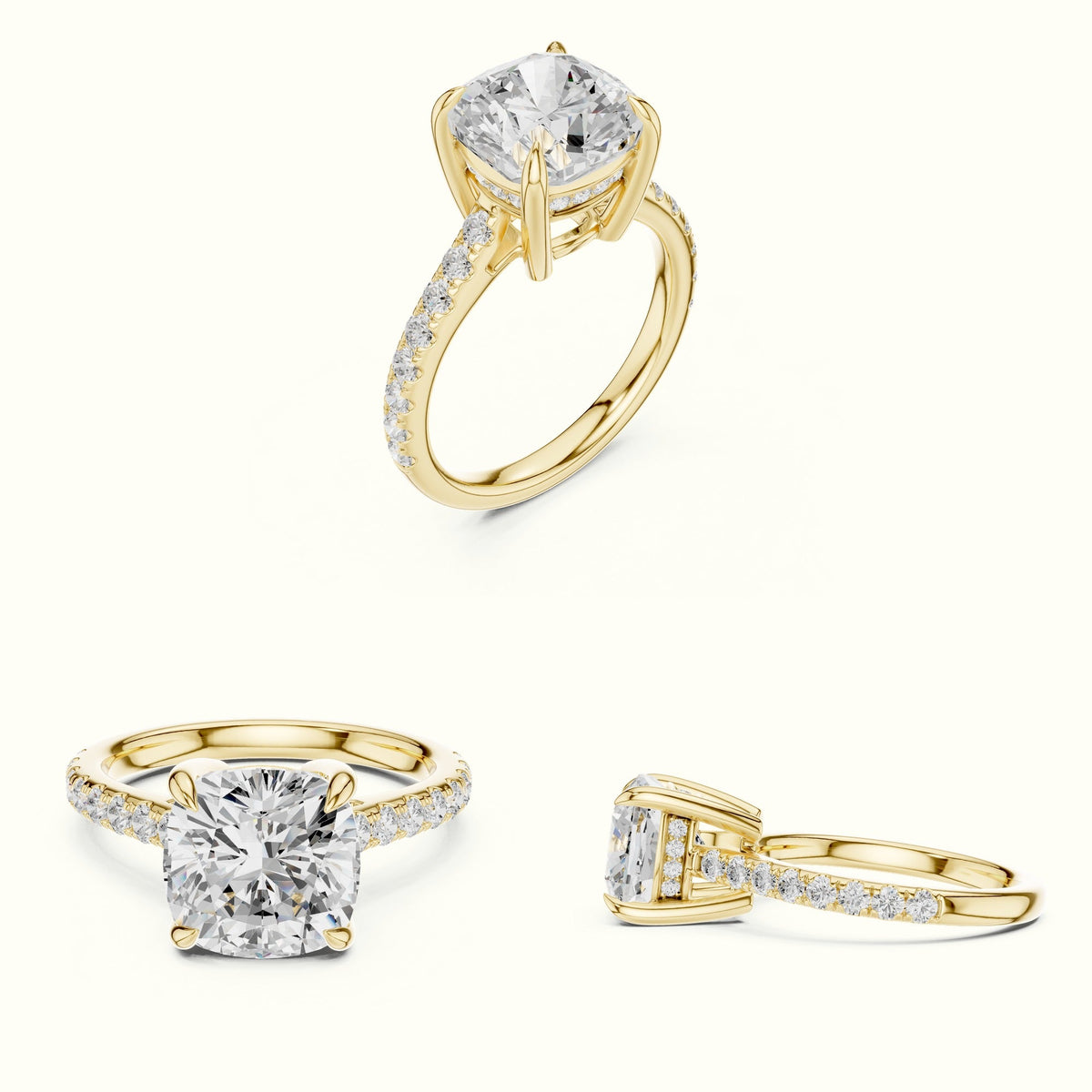 Cushion Hidden Halo Lab-Grown Diamond Ring — Yellow gold, on the hand | Crystal N Cuts