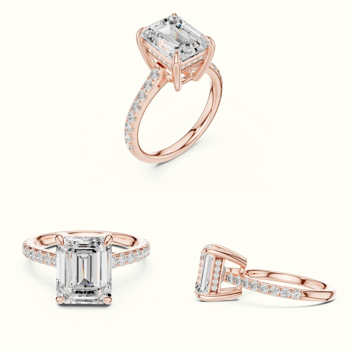 Emerald Cut Basket with Hidden Halo Lab-Grown Diamond Solitaire Ring — Rose gold, on the hand | Crystal N Cuts