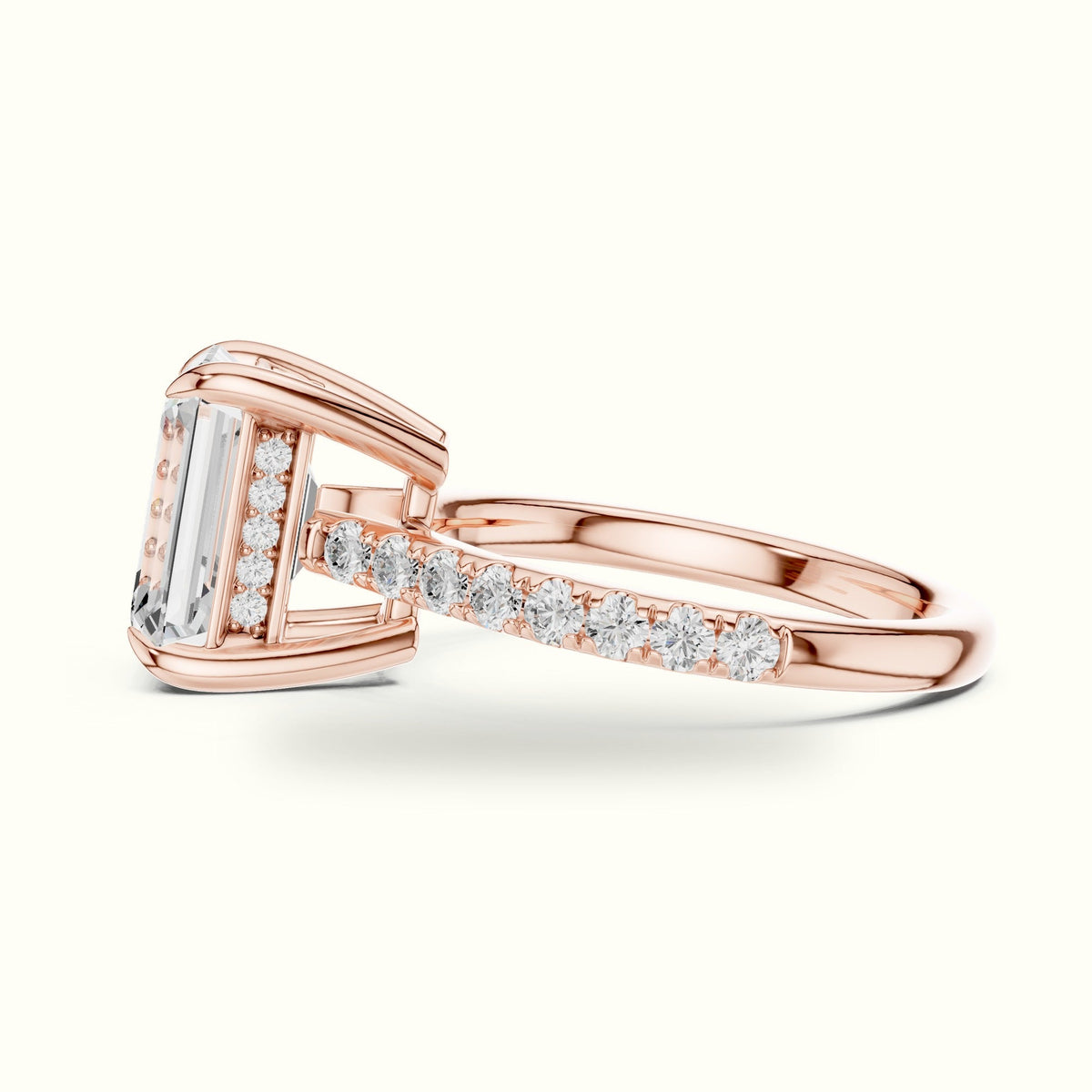 Emerald Cut Basket with Hidden Halo Lab-Grown Diamond Solitaire Ring — Rose gold, view 3 | Crystal N Cuts