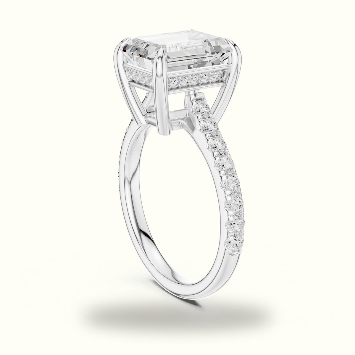 Emerald Cut Basket with Hidden Halo Lab-Grown Diamond Solitaire Ring — White gold, view 1 | Crystal N Cuts