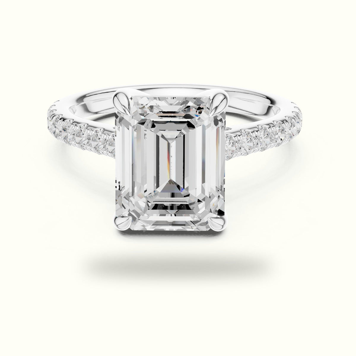 Emerald Cut Basket with Hidden Halo Lab-Grown Diamond Solitaire Ring — White gold, front view | Crystal N Cuts