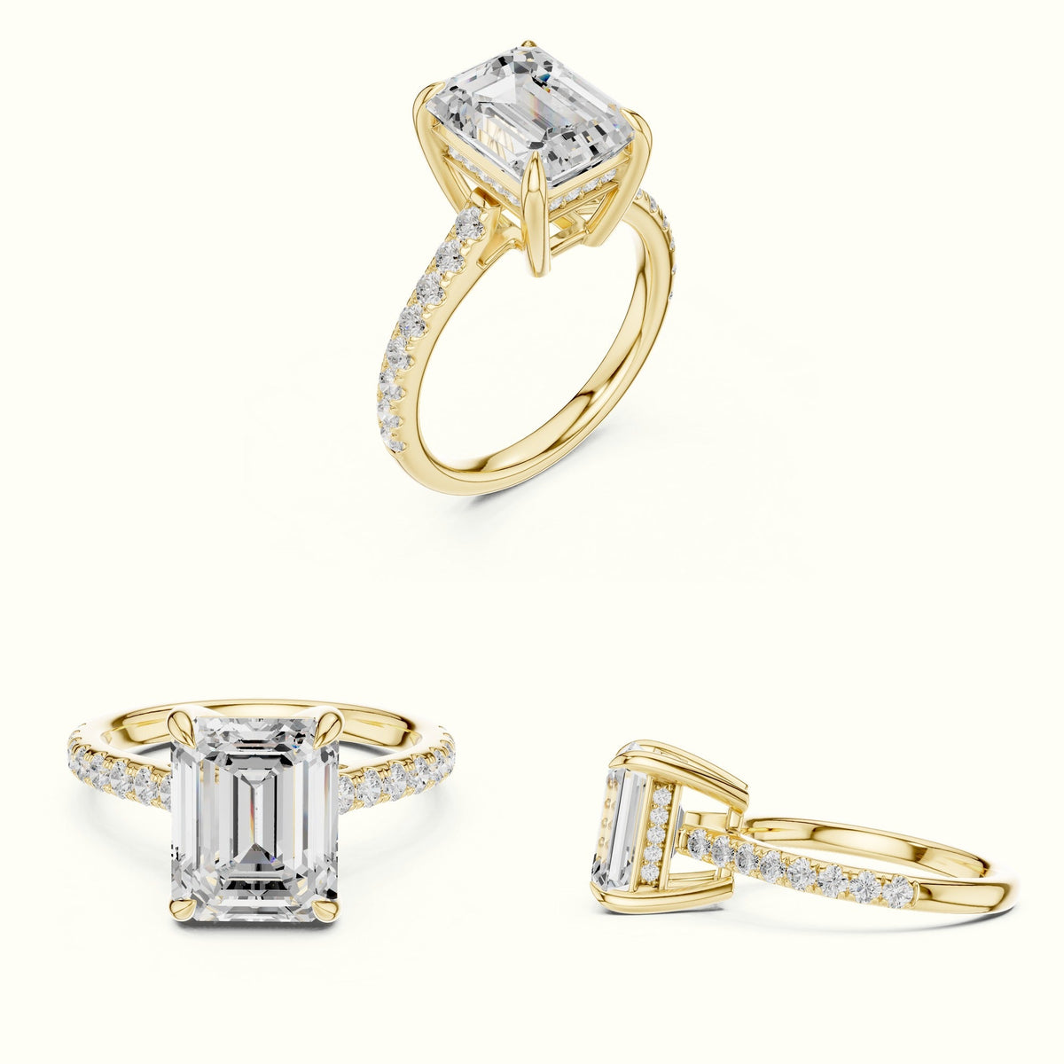 Emerald Cut Basket with Hidden Halo Lab-Grown Diamond Solitaire Ring — Yellow gold, on the hand | Crystal N Cuts