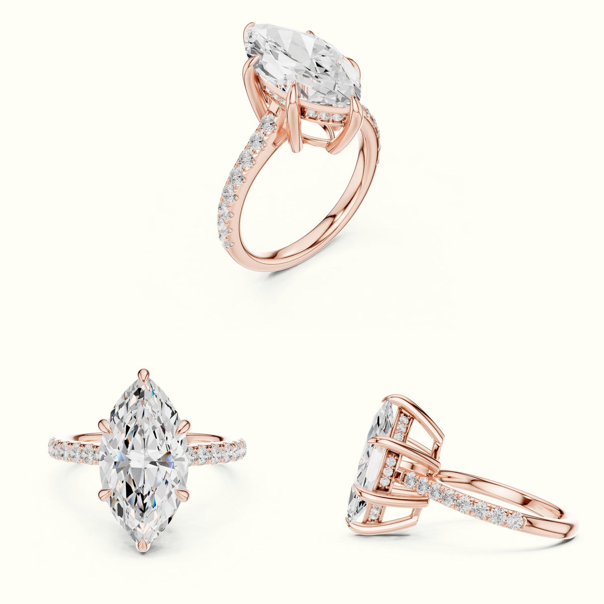 Marquise Hidden Halo Basket Lab-Grown Diamond Solitaire with Accents Ring — Rose gold, on the hand | Crystal N Cuts