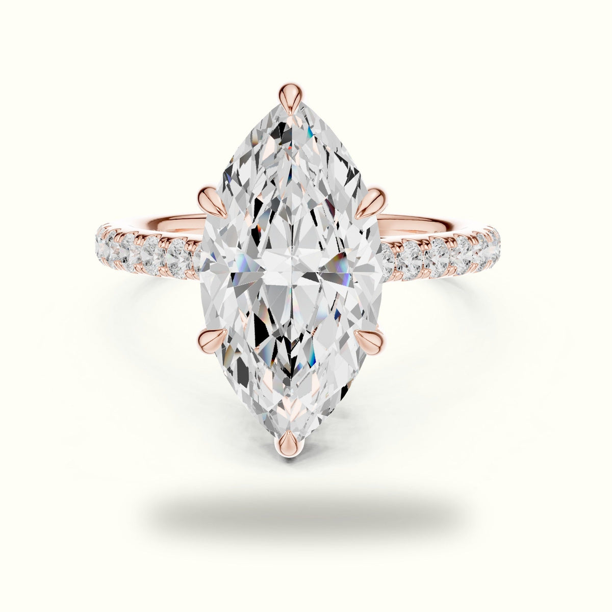 Marquise Hidden Halo Basket Lab-Grown Diamond Solitaire with Accents Ring — Rose gold, front view | Crystal N Cuts