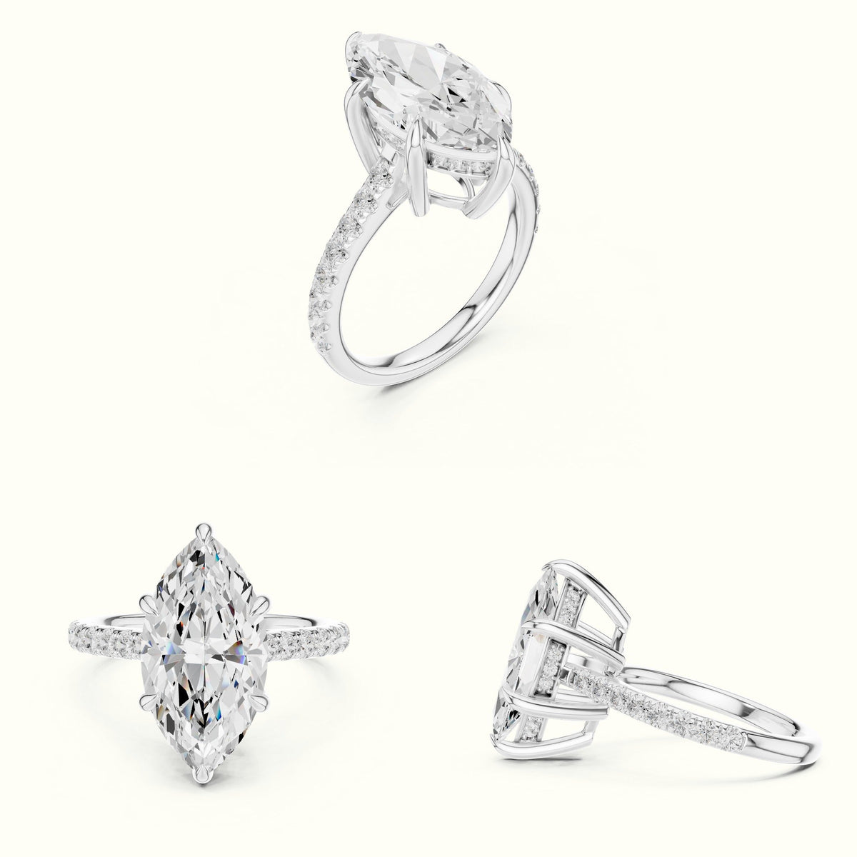 Marquise Hidden Halo Basket Lab-Grown Diamond Solitaire with Accents Ring — White gold, on the hand | Crystal N Cuts