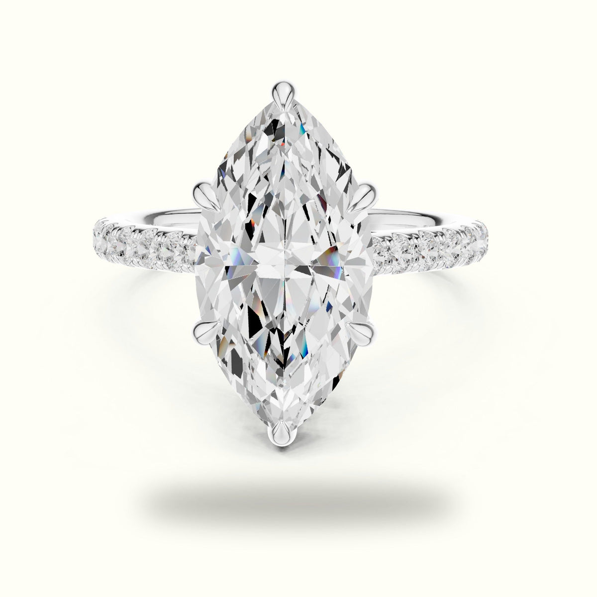 Marquise Hidden Halo Basket Lab-Grown Diamond Solitaire with Accents Ring — White gold, front view | Crystal N Cuts