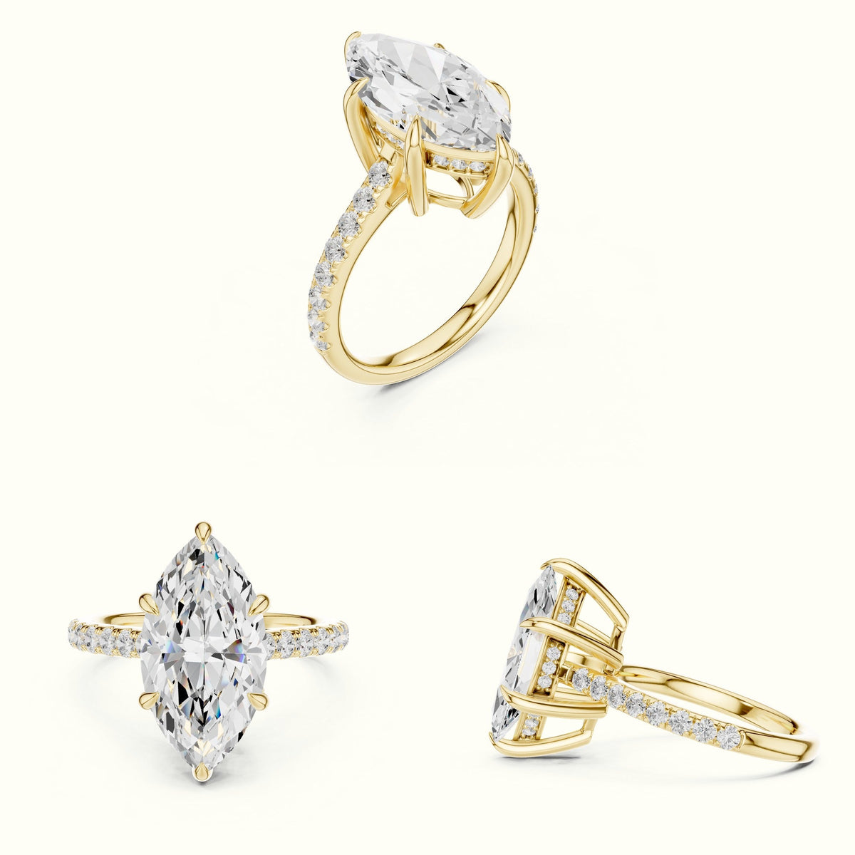 Marquise Hidden Halo Basket Lab-Grown Diamond Solitaire with Accents Ring — Yellow gold, on the hand | Crystal N Cuts