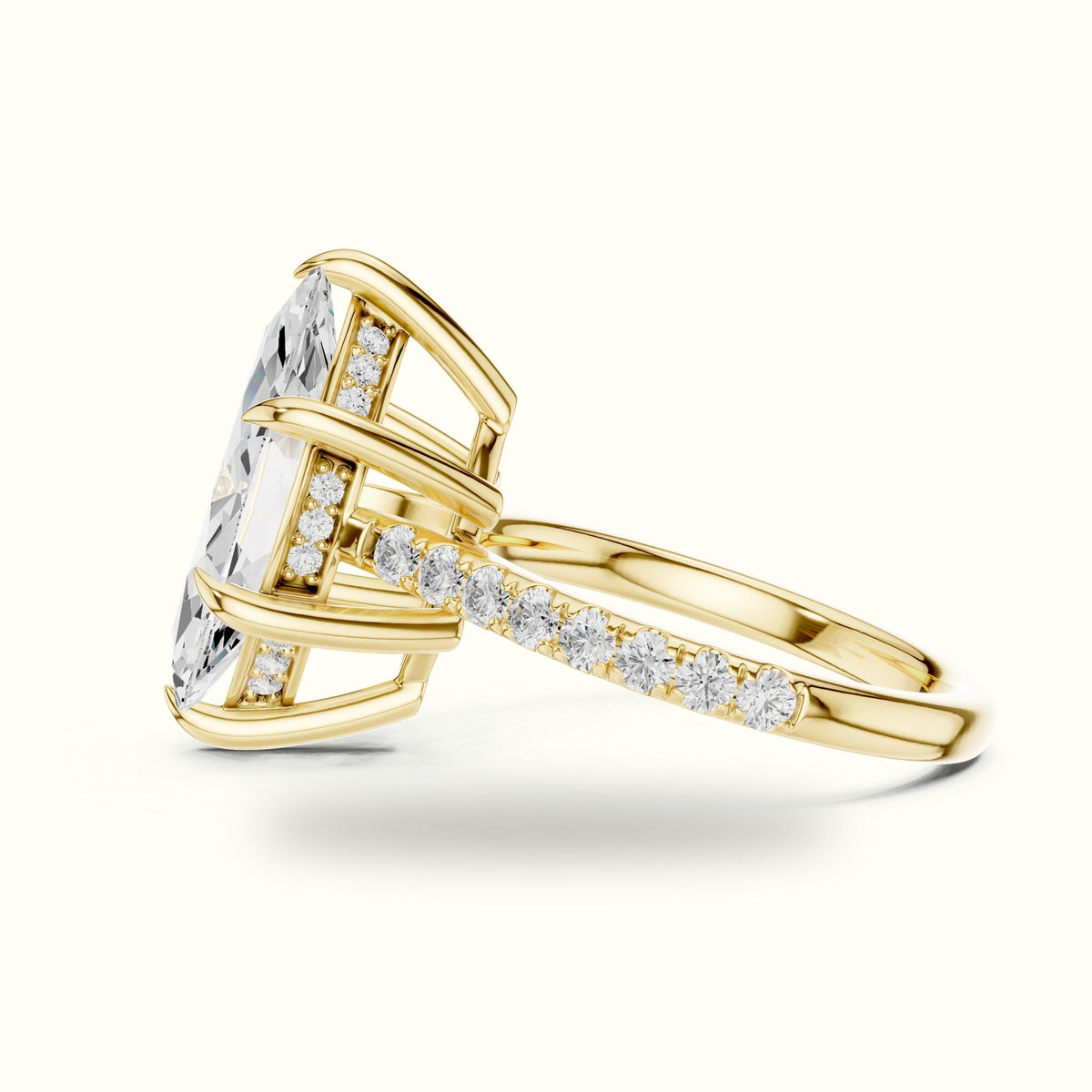 Marquise Hidden Halo Basket Lab-Grown Diamond Solitaire with Accents Ring — Yellow gold, view 3 | Crystal N Cuts
