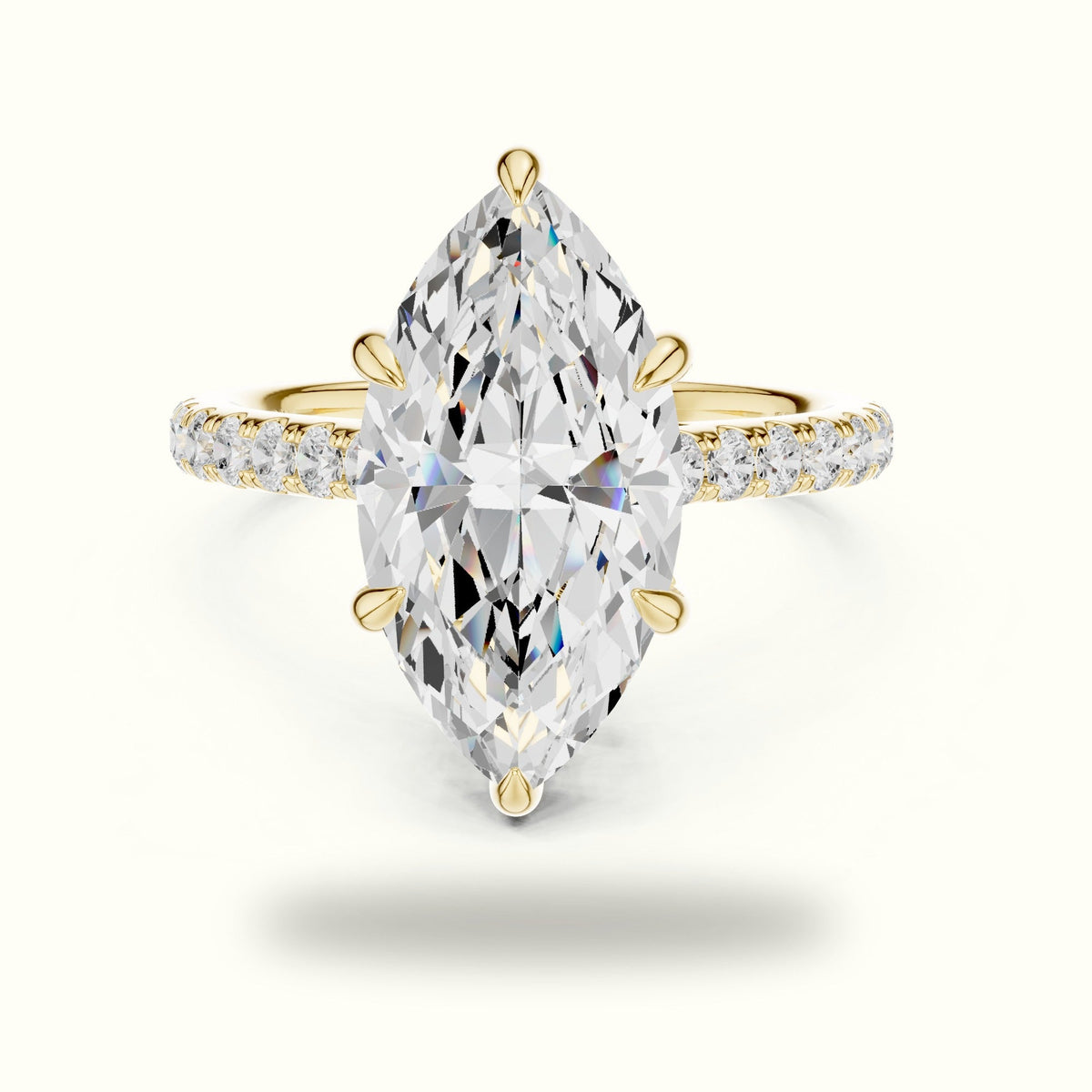 Marquise Hidden Halo Basket Lab-Grown Diamond Solitaire with Accents Ring — Yellow gold, front view | Crystal N Cuts