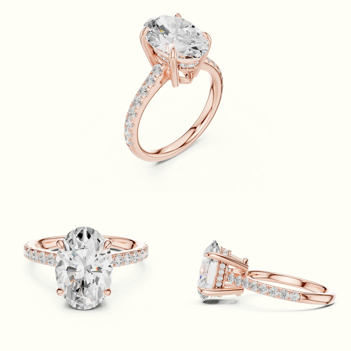 Oval Basket with Hidden Halo Lab-Grown Diamond Solitaire Ring — Rose gold, on the hand | Crystal N Cuts