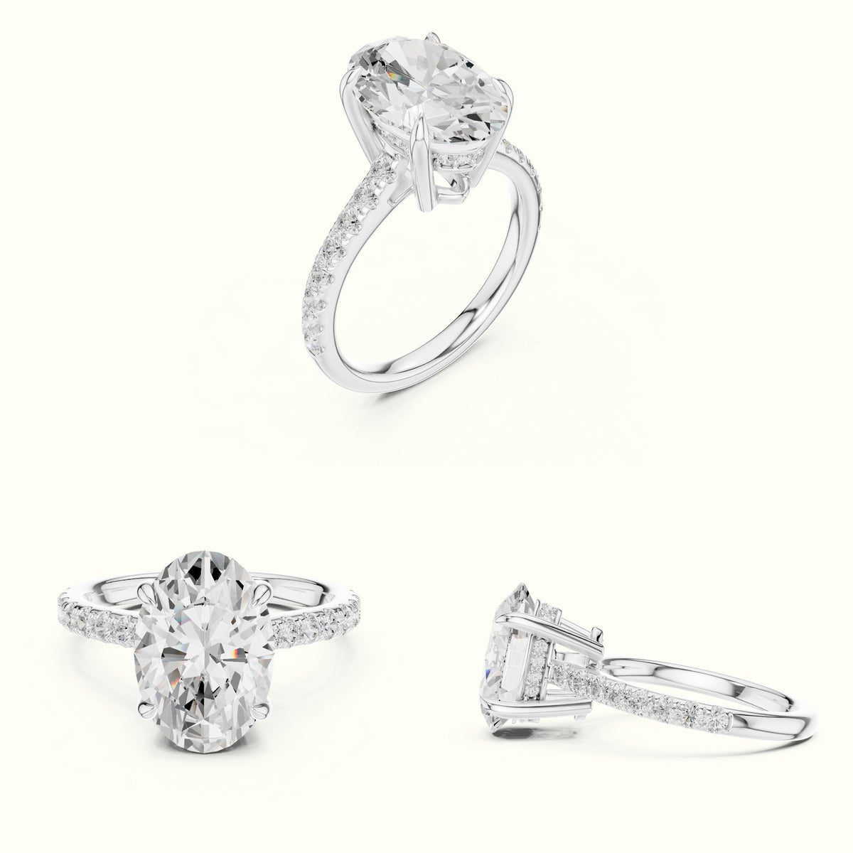 Oval Basket with Hidden Halo Lab-Grown Diamond Solitaire Ring — White gold, on the hand | Crystal N Cuts
