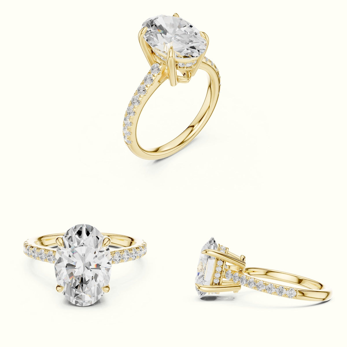 Oval Basket with Hidden Halo Lab-Grown Diamond Solitaire Ring — Yellow gold, on the hand | Crystal N Cuts