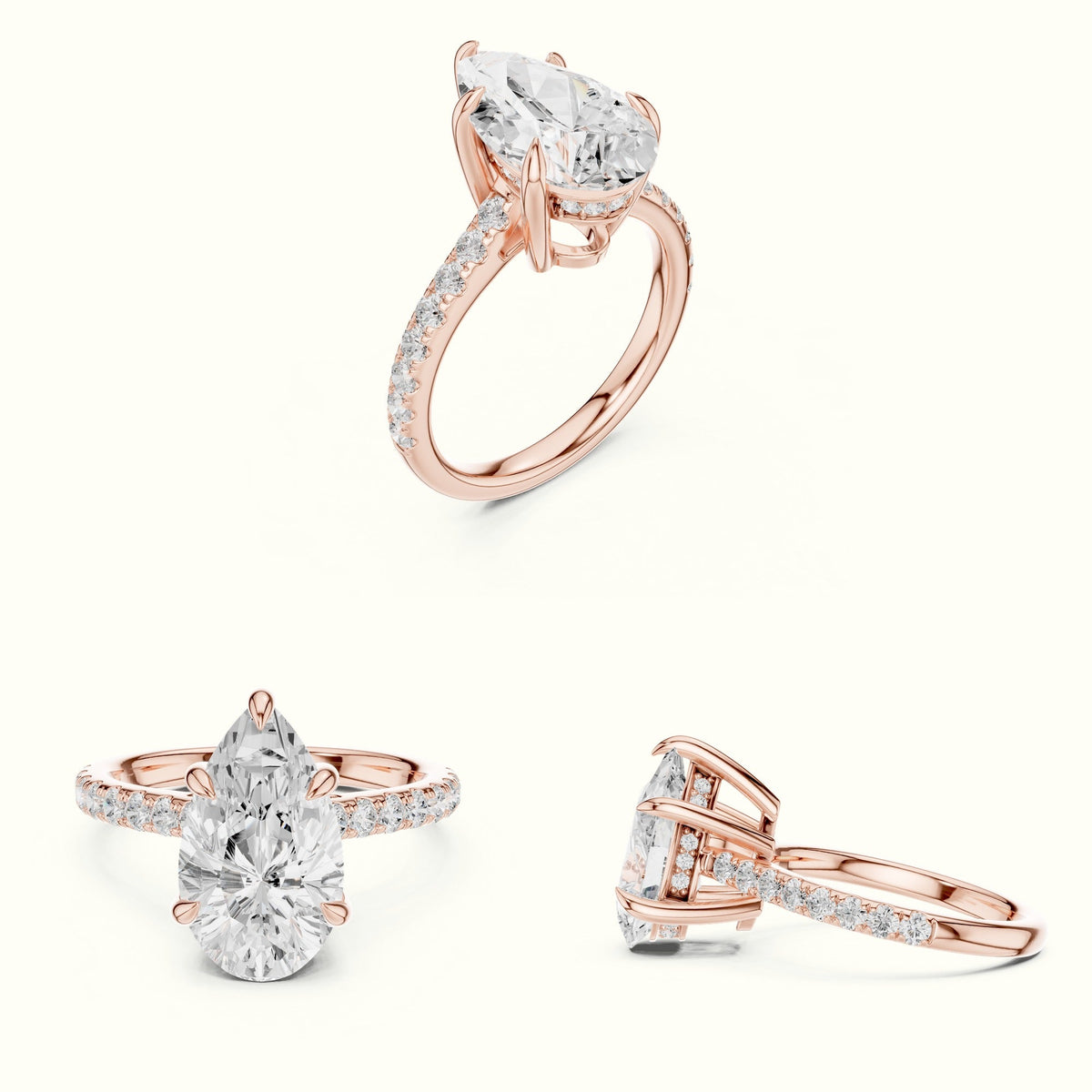 Pear Basket with Hidden Halo Lab-Grown Diamond Solitaire Ring — Rose gold, on the hand | Crystal N Cuts