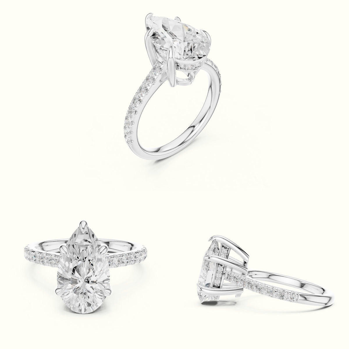 Pear Basket with Hidden Halo Lab-Grown Diamond Solitaire Ring — White gold, on the hand | Crystal N Cuts