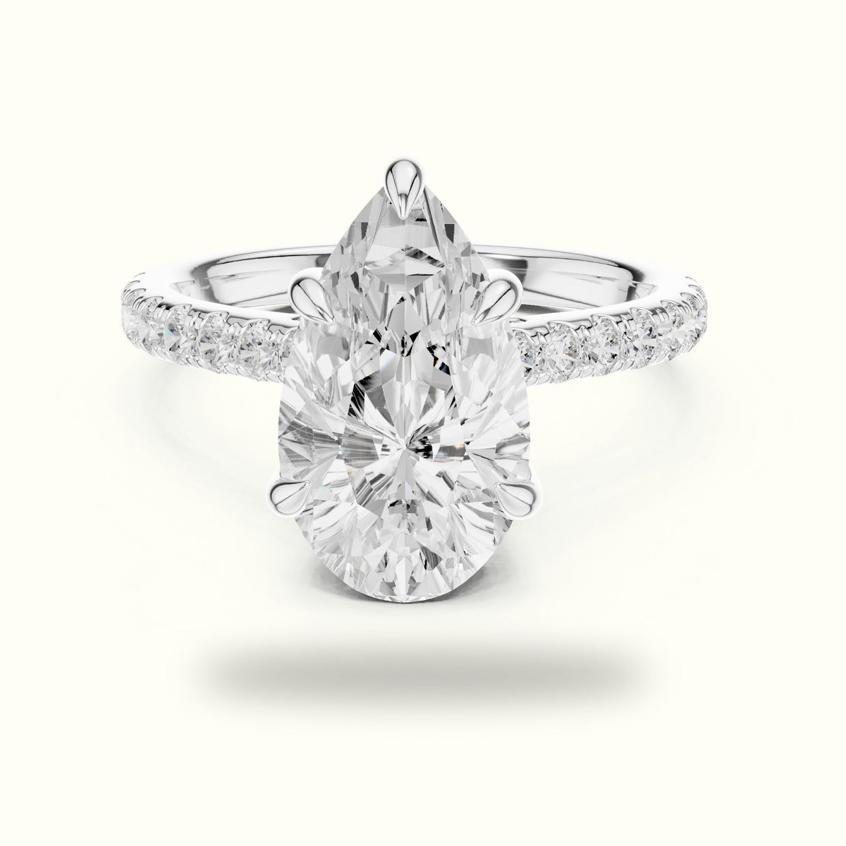 Pear Basket with Hidden Halo Lab-Grown Diamond Solitaire Ring — White gold, front view | Crystal N Cuts