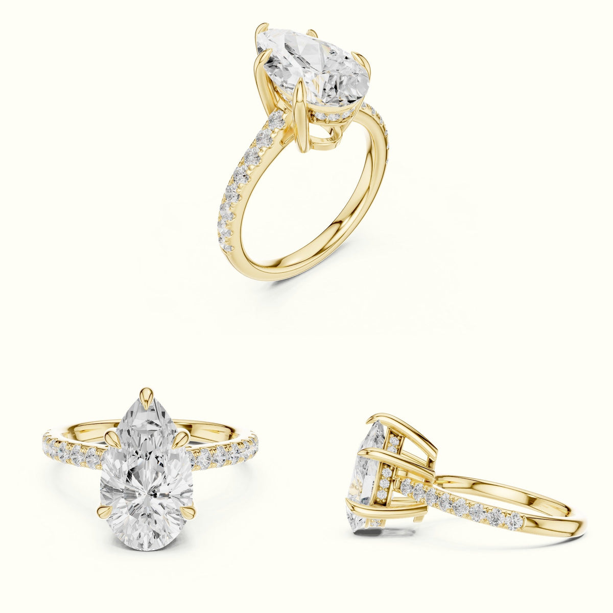 Pear Basket with Hidden Halo Lab-Grown Diamond Solitaire Ring — Yellow gold, on the hand | Crystal N Cuts