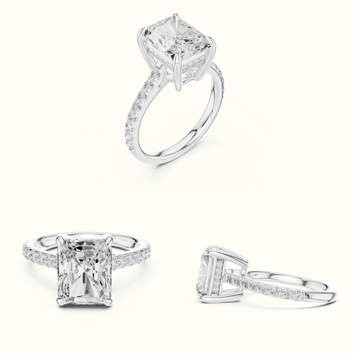 Radiant Basket with Hidden Halo Lab-Grown Diamond Solitaire Ring — White gold, on the hand | Crystal N Cuts