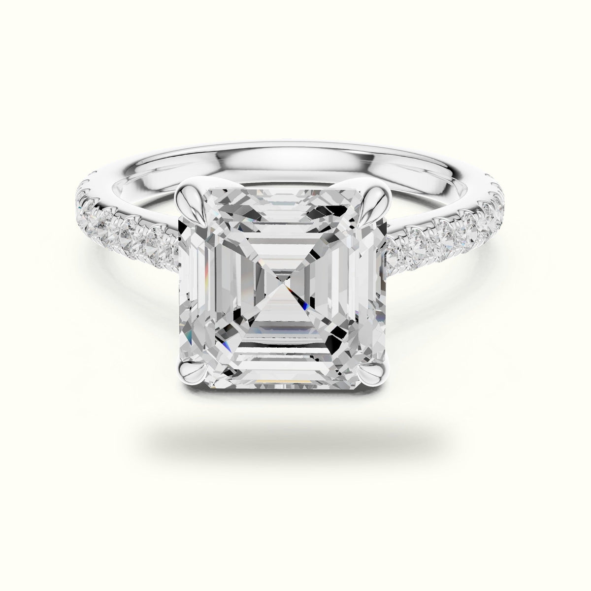 Asscher Basket with Hidden Halo Lab-Grown Diamond Solitaire Ring — White gold, front view | Crystal N Cuts