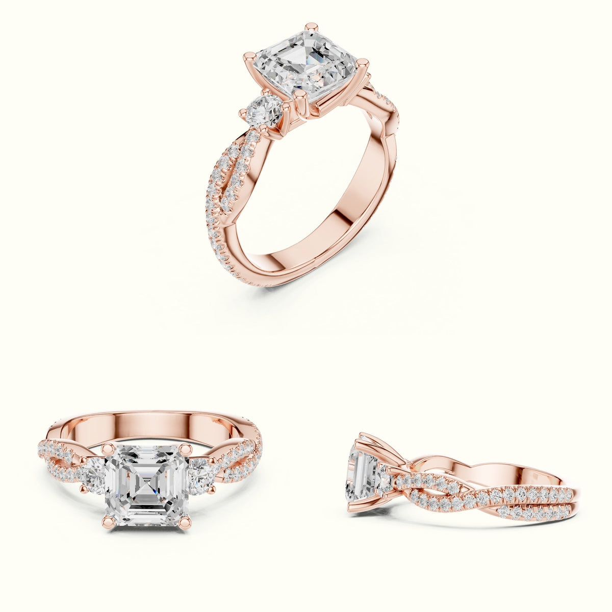 Asscher Cut Split Shank Three-Stone Lab-Grown Diamond Engagement Ring — Rose gold, on the hand | Crystal N Cuts