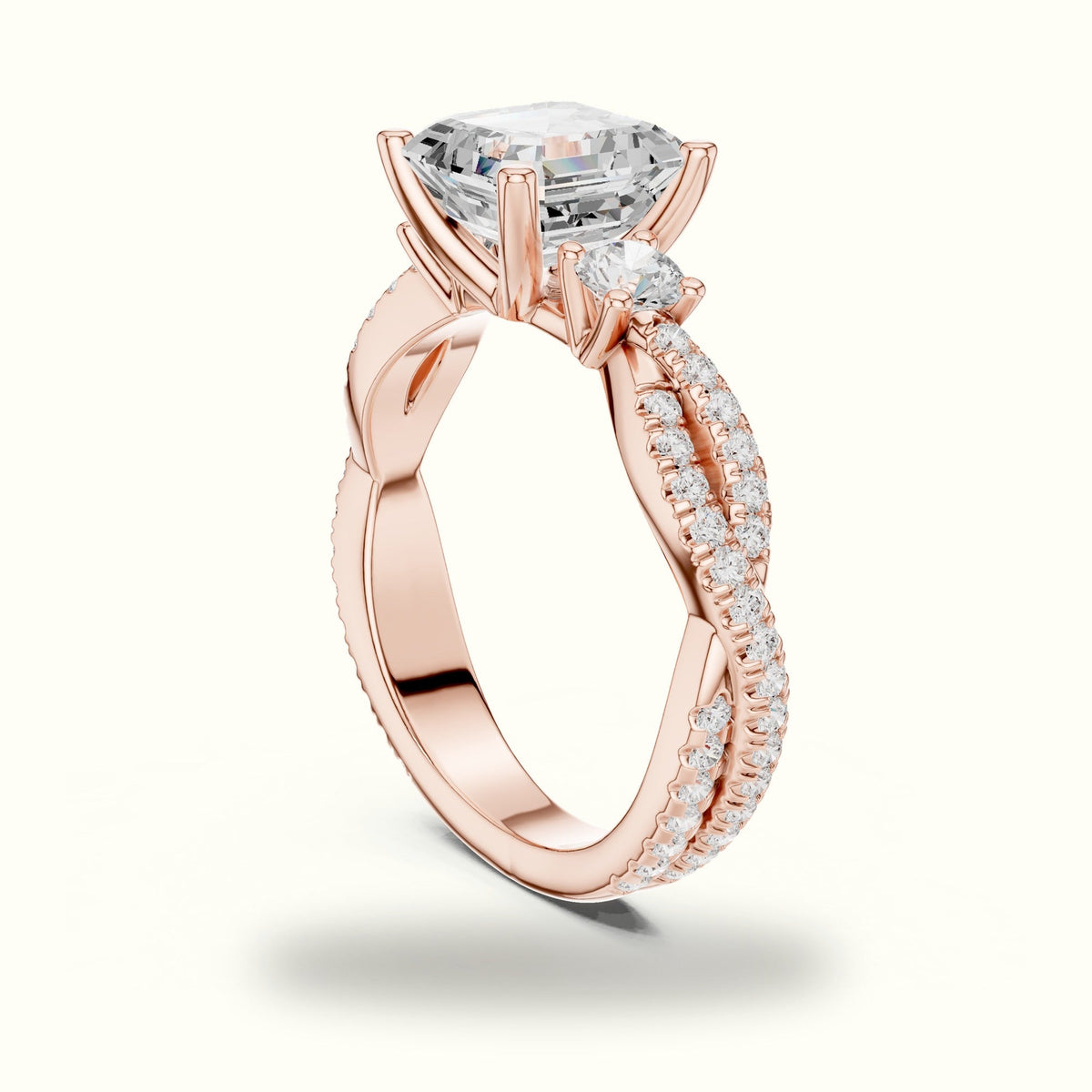 Asscher Cut Split Shank Three-Stone Lab-Grown Diamond Engagement Ring — Rose gold, view 1 | Crystal N Cuts