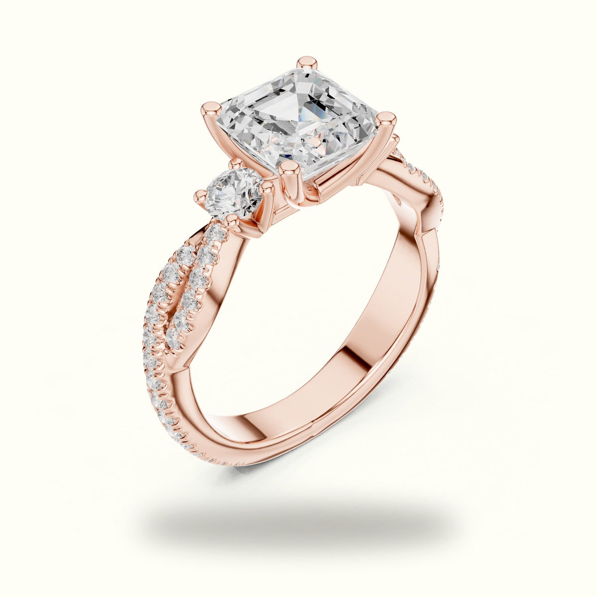 Asscher Cut Split Shank Three-Stone Lab-Grown Diamond Engagement Ring — Rose gold, view 2 | Crystal N Cuts