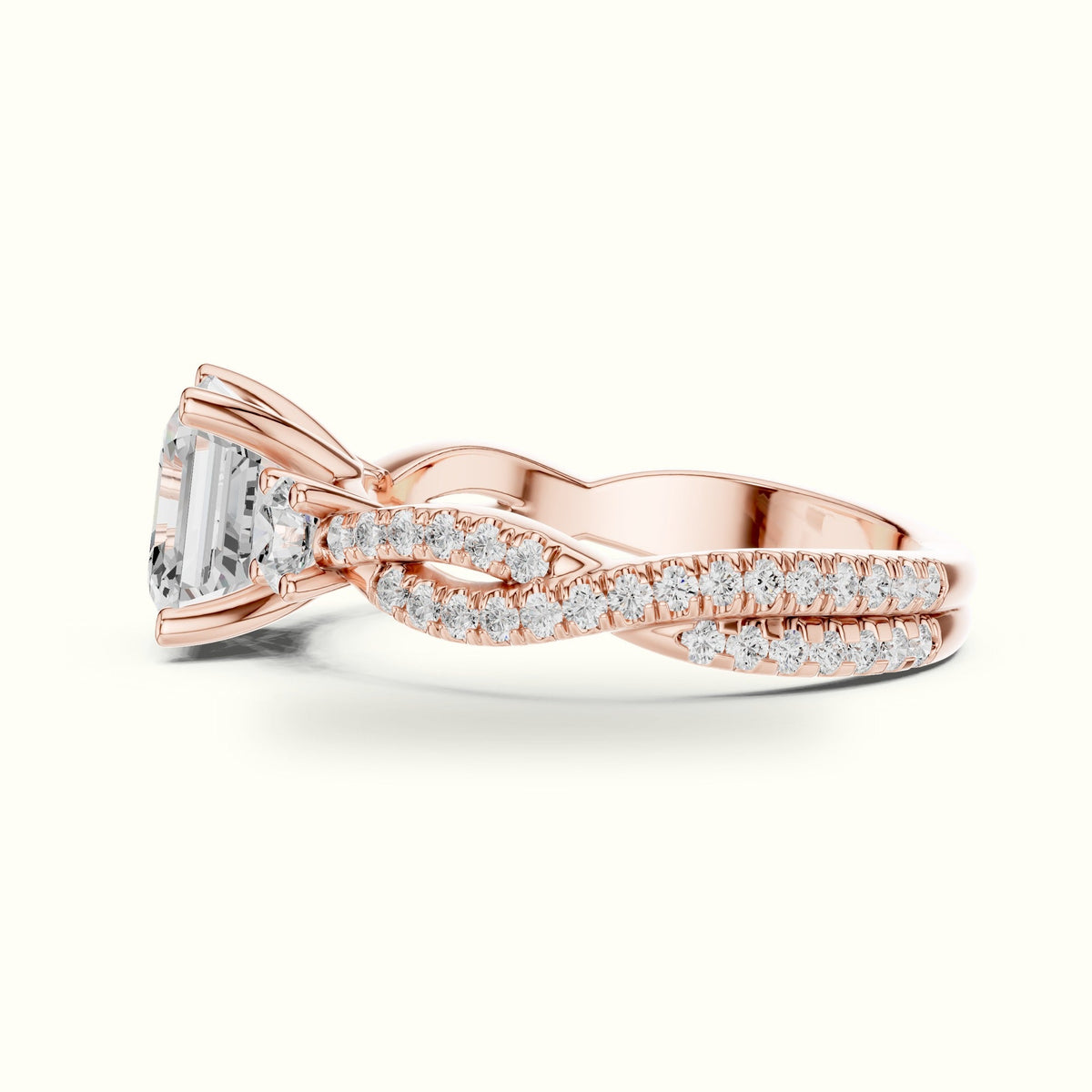 Asscher Cut Split Shank Three-Stone Lab-Grown Diamond Engagement Ring — Rose gold, view 3 | Crystal N Cuts