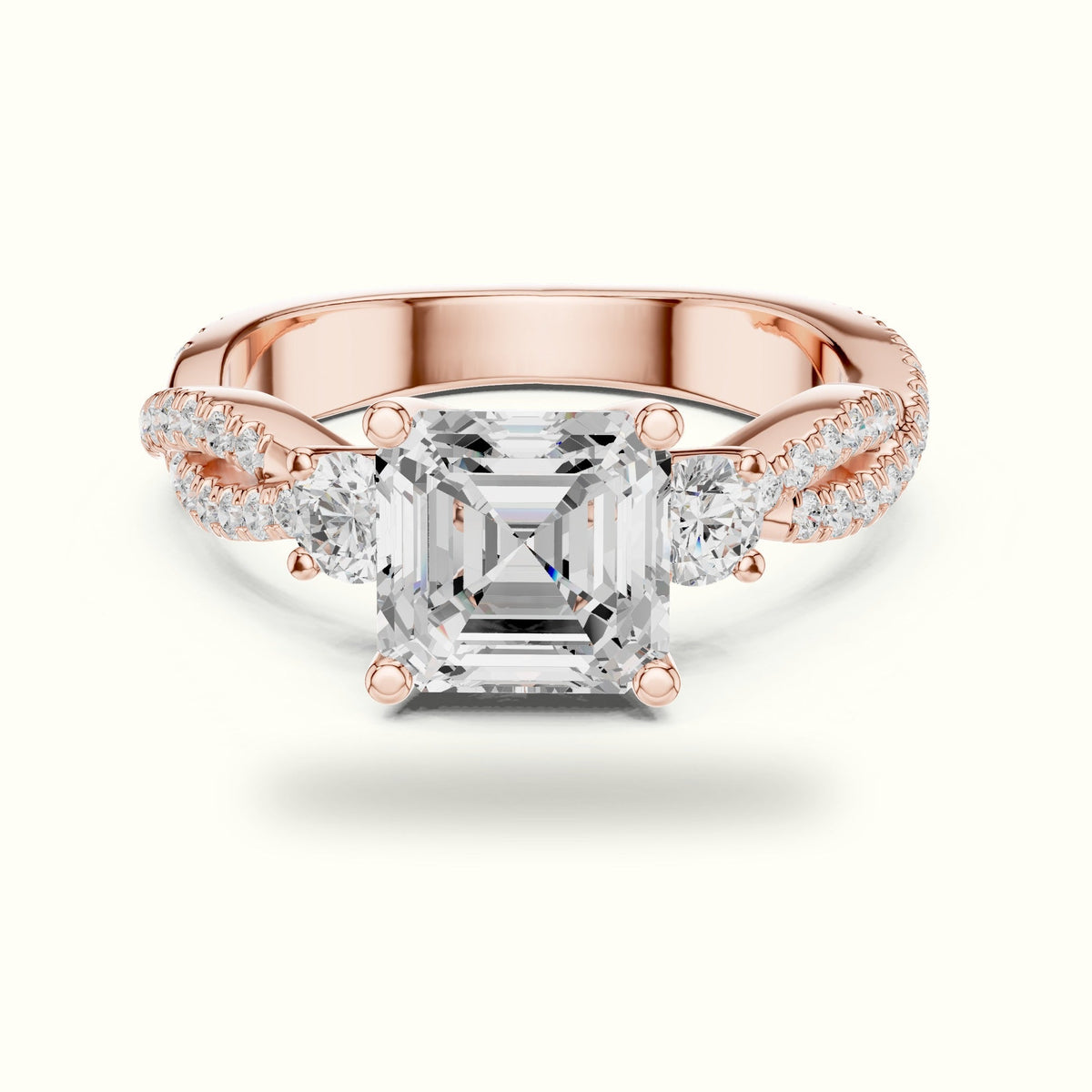 Asscher Cut Split Shank Three-Stone Lab-Grown Diamond Engagement Ring — Rose gold, front view | Crystal N Cuts