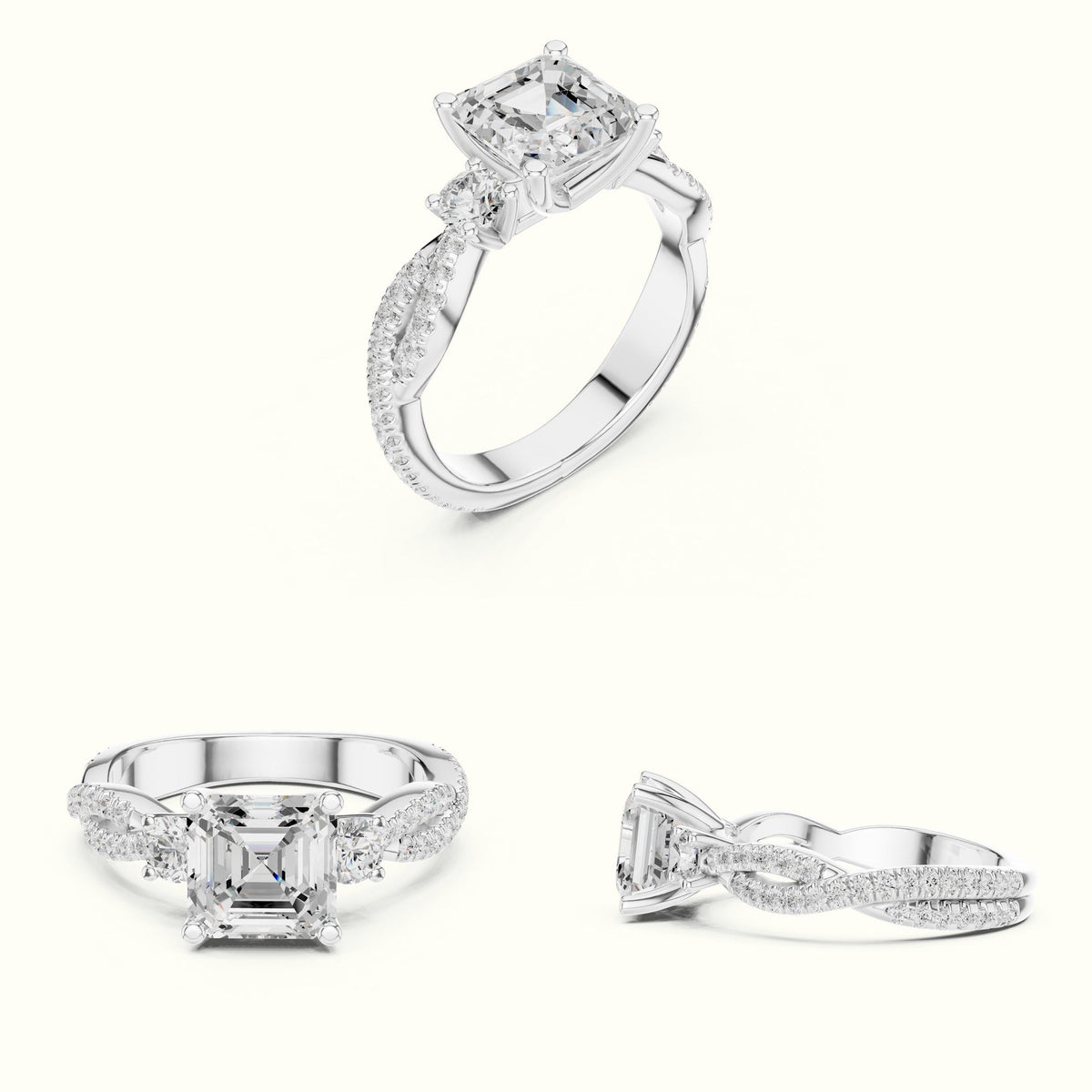 Asscher Cut Split Shank Three-Stone Lab-Grown Diamond Engagement Ring — White gold, on the hand | Crystal N Cuts