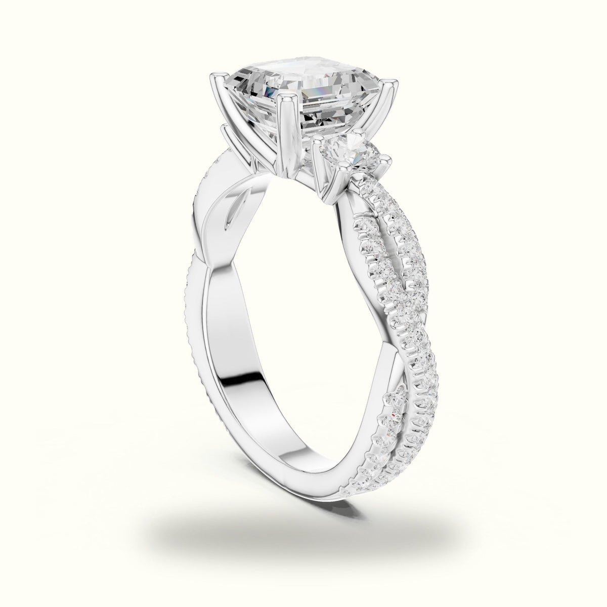 Asscher Cut Split Shank Three-Stone Lab-Grown Diamond Engagement Ring — White gold, view 1 | Crystal N Cuts