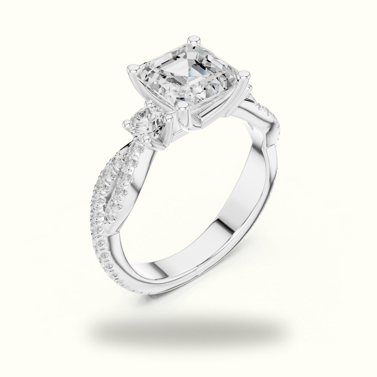 Asscher Cut Split Shank Three-Stone Lab-Grown Diamond Engagement Ring — White gold, view 2 | Crystal N Cuts