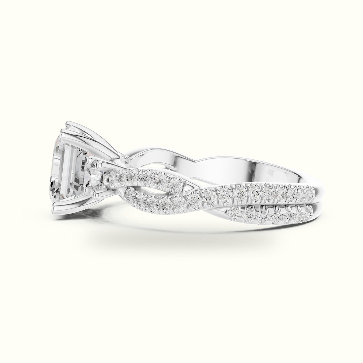 Asscher Cut Split Shank Three-Stone Lab-Grown Diamond Engagement Ring — White gold, view 3 | Crystal N Cuts