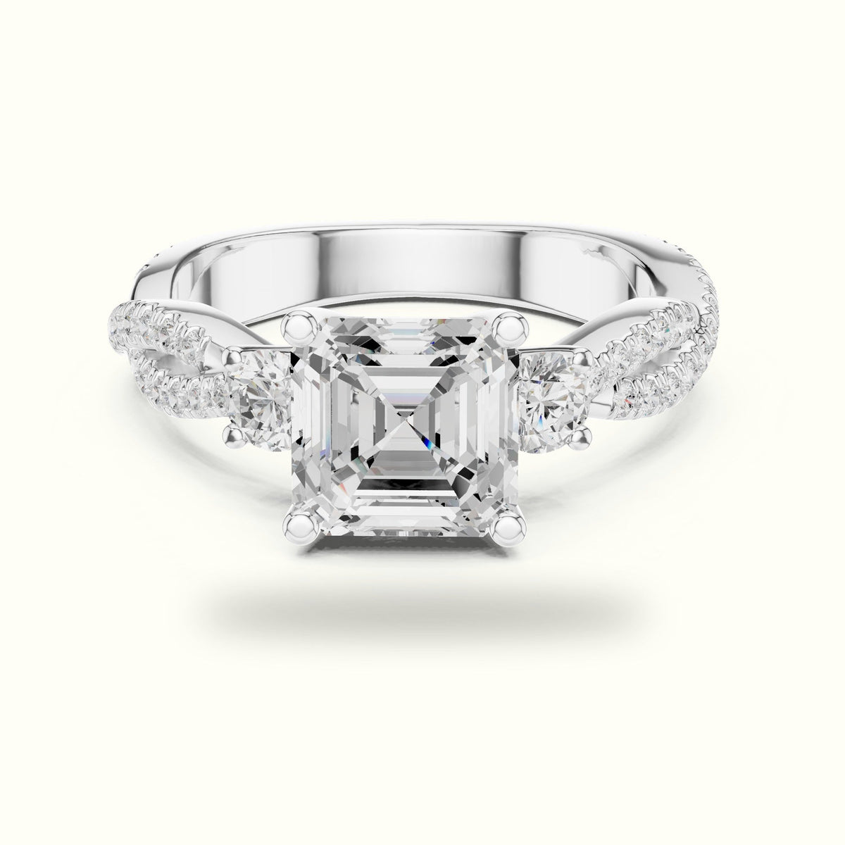 Asscher Cut Split Shank Three-Stone Lab-Grown Diamond Engagement Ring — White gold, front view | Crystal N Cuts