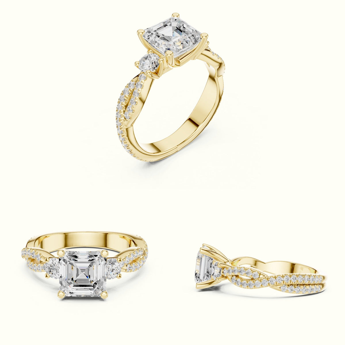 Asscher Cut Split Shank Three-Stone Lab-Grown Diamond Engagement Ring — Yellow gold, on the hand | Crystal N Cuts