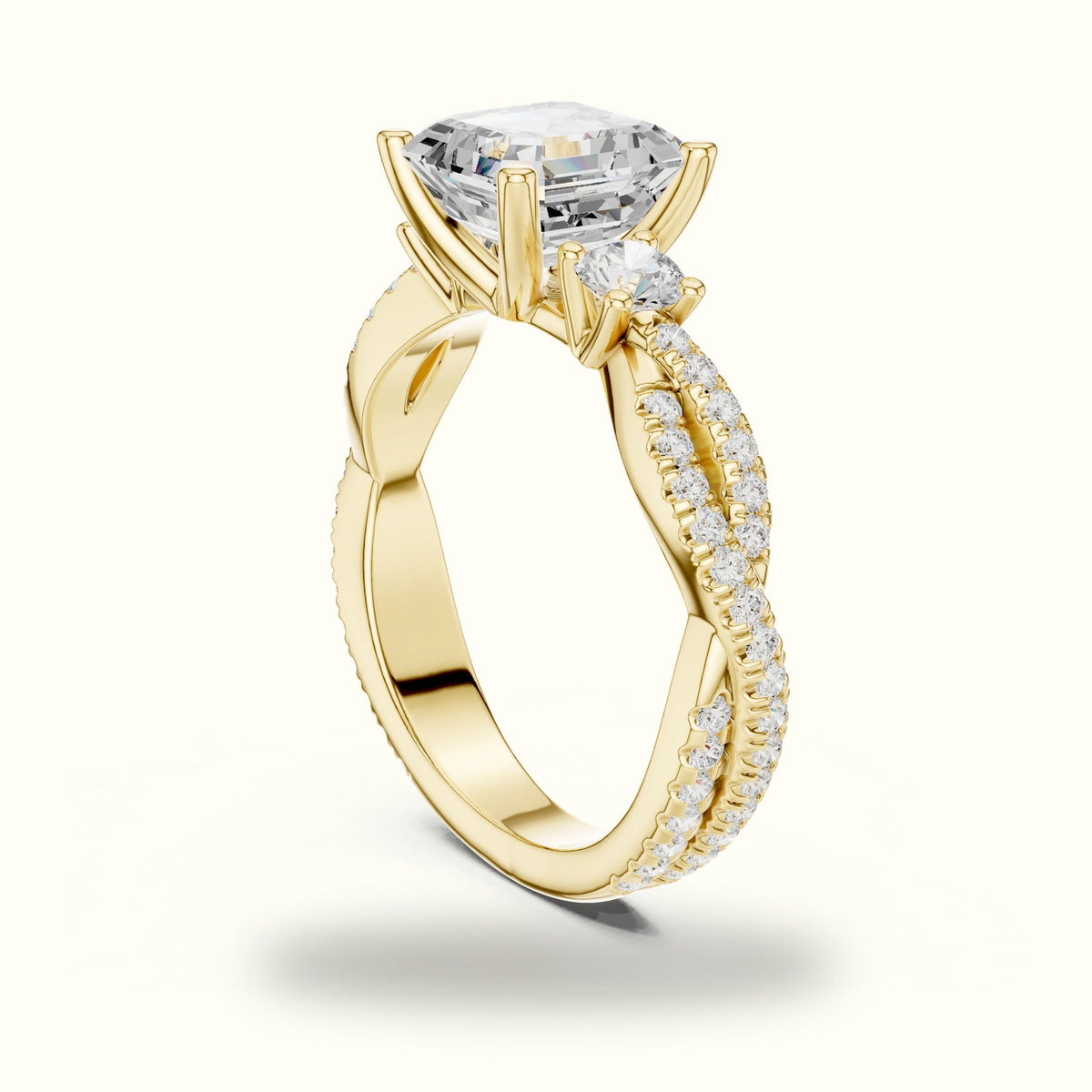Asscher Cut Split Shank Three-Stone Lab-Grown Diamond Engagement Ring — Yellow gold, view 1 | Crystal N Cuts