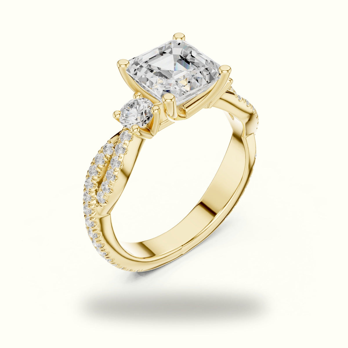 Asscher Cut Split Shank Three-Stone Lab-Grown Diamond Engagement Ring — Yellow gold, view 2 | Crystal N Cuts