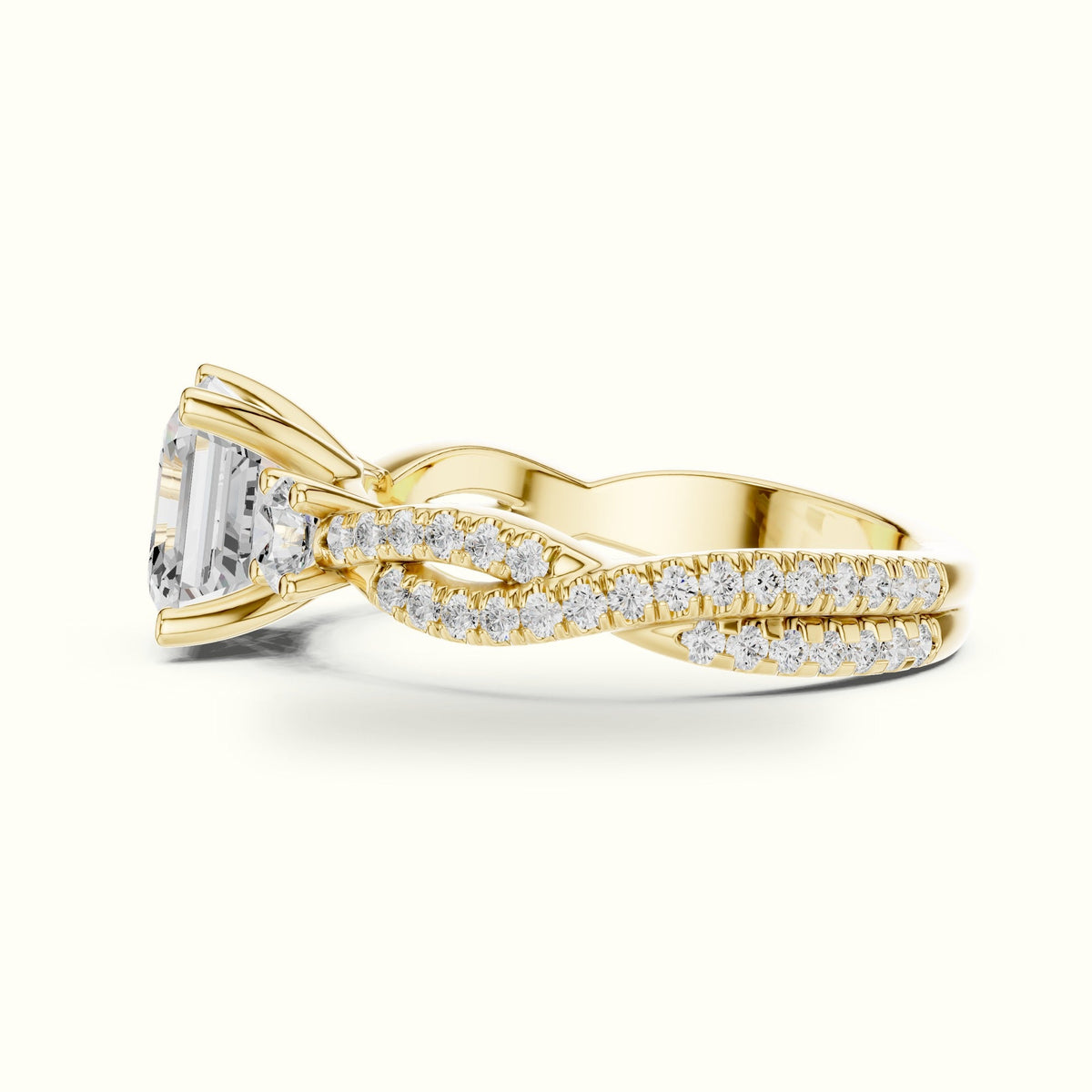 Asscher Cut Split Shank Three-Stone Lab-Grown Diamond Engagement Ring — Yellow gold, view 3 | Crystal N Cuts