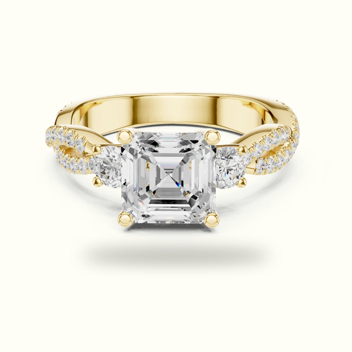 Asscher Cut Split Shank Three-Stone Lab-Grown Diamond Engagement Ring — Yellow gold, front view | Crystal N Cuts
