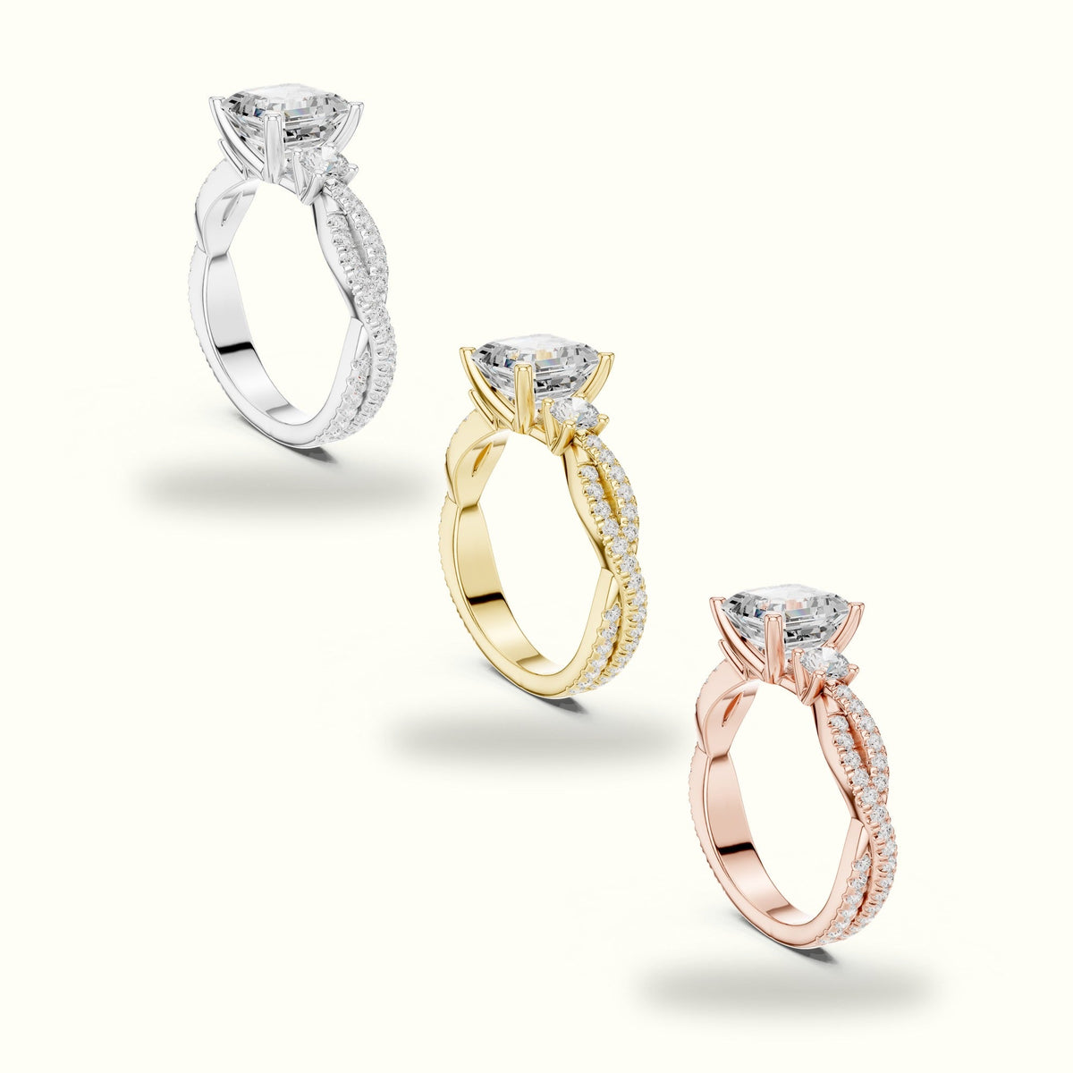Asscher Cut Split Shank Three-Stone Lab-Grown Diamond Engagement Ring — White gold, in yellow, white and rose gold | Crystal N Cuts