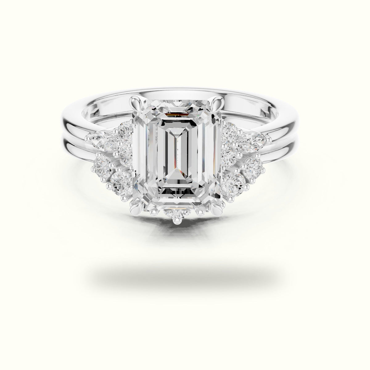 Emerald Cut Lab-Grown Diamond Basket Solitaire Ring — White gold, front view | Crystal N Cuts